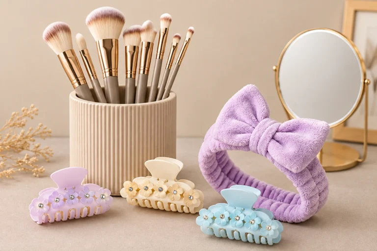 Makeup brushes, hair claws, beauty headband, and vanity mirror