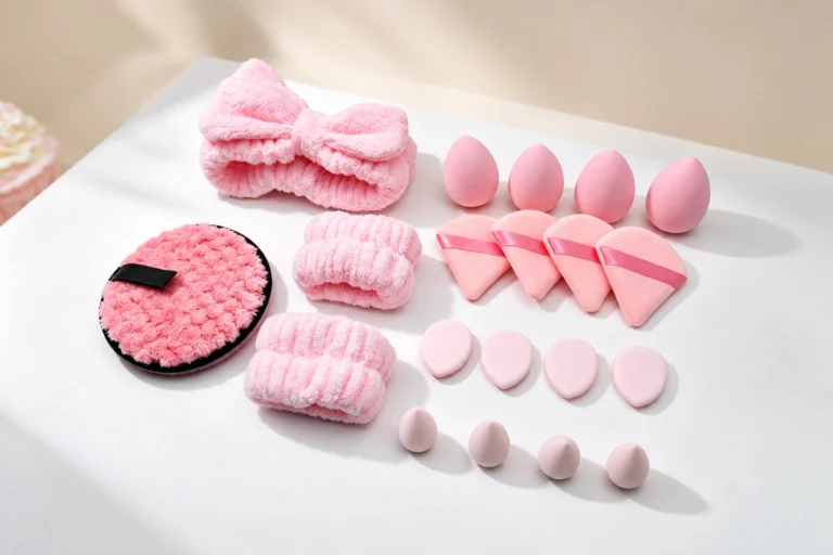 Pink makeup sponges, powder puffs, and beauty headband collection